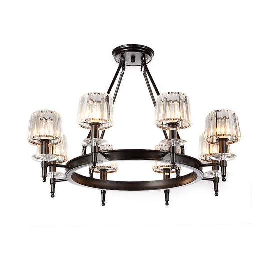 Vintage Black Barrel Hanging Light: Metal Chandelier With Prismatic Glass Shades - 3/6/8 Lights