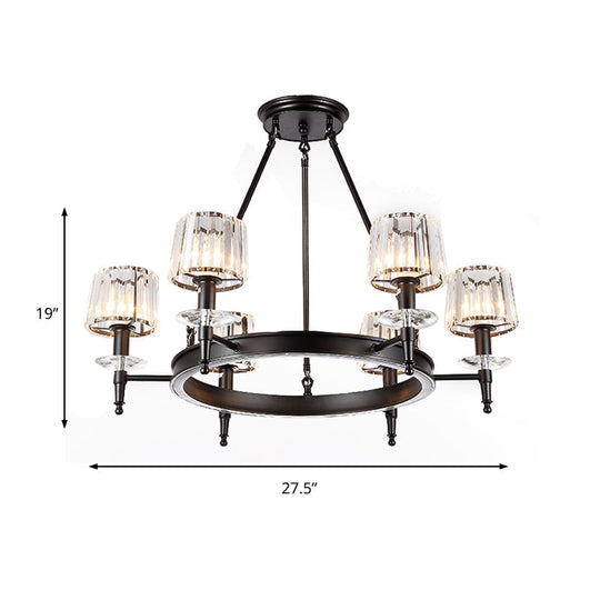 Vintage Black Barrel Hanging Light: Metal Chandelier With Prismatic Glass Shades - 3/6/8 Lights