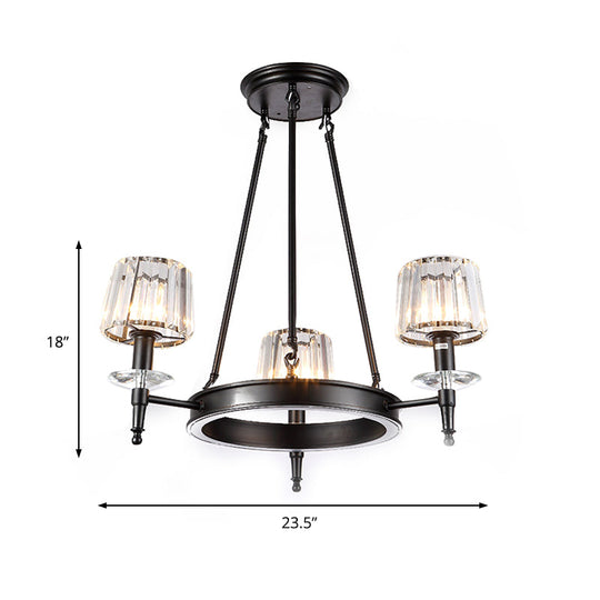 Vintage Black Barrel Hanging Light: Metal Chandelier With Prismatic Glass Shades - 3/6/8 Lights