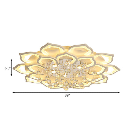6/16/20 White Flush Mount Ceiling Light For Living Room - Warm/White Floral Acrylic Shade Crystal