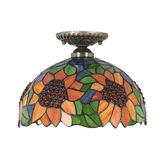 Tiffany 2-Light Domed Semi Flush Mount Ceiling Light With Sunflower Pattern In Brass/Bronze -