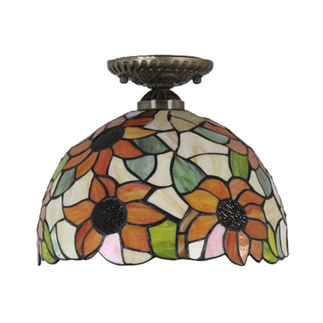 Tiffany 2-Light Bedroom Ceiling Light: Sunflower Pattern Brass/Bronze Finish