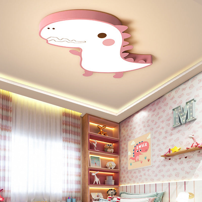 Dinosaur Flushmount Lamp: Pink/Green Cartoon Led Ceiling Light With Acrylic Diffuser (Warm/White)