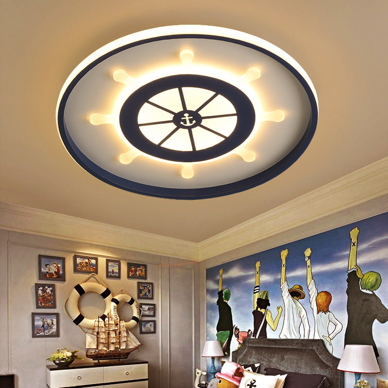 Kid’s Blue Round Ceiling Light With Rudder Design And Led Acrylic - 18’/23.5’ Wide In Warm/White
