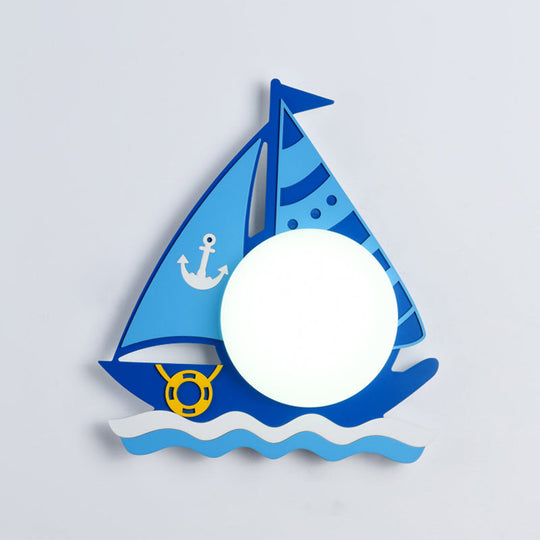 Kiddie Cartoon Blue Led Wall Lamp - Round Shade Plastic Light Fixture For Kindergarten / A