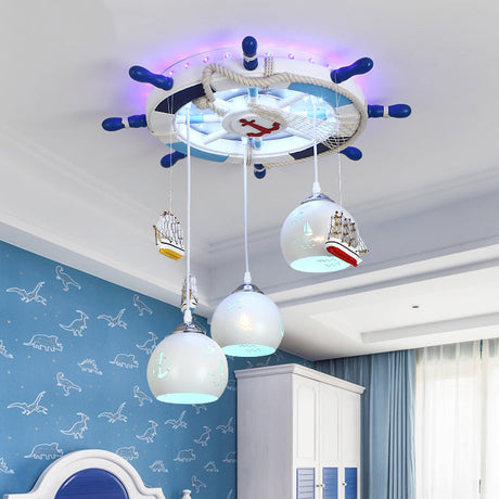 Contemporary White Led Flush Mount Fixture With Carved Glass Dome Shade And Metallic Rudder Light