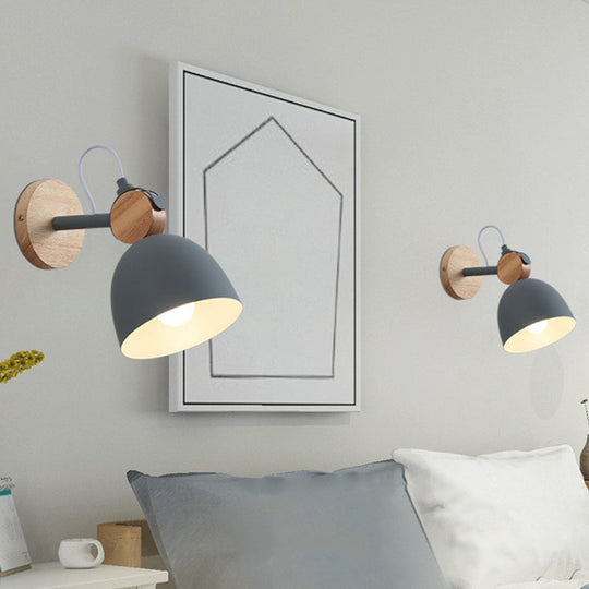 Modern Bell Wall Light With Wooden Backplate For Single-Bulb Bedroom Mounting Grey