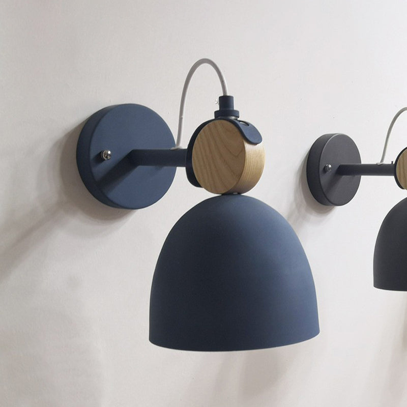 Modern Bell Wall Light With Wooden Backplate For Single-Bulb Bedroom Mounting Royal Blue