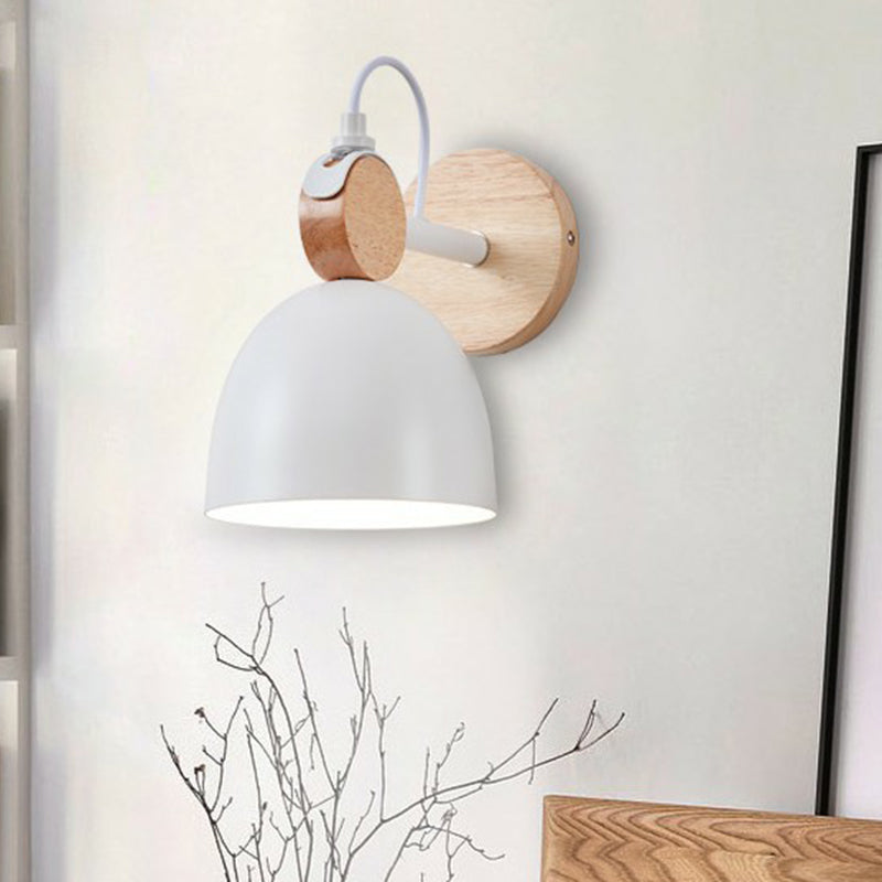 Modern Bell Wall Light With Wooden Backplate For Single-Bulb Bedroom Mounting White
