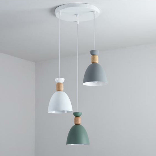 Macaron 3-Head Metallic Multi Ceiling Light: Inverted Cup Design White Suspension Lighting / Round