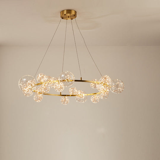 Contemporary Led Chandelier Light With Halo Ring - Clear Glass Globe Living Room Ceiling Lighting In
