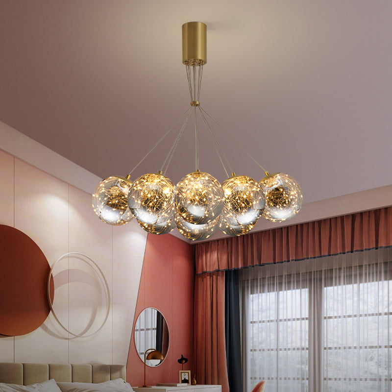 Handblown Glass Led Pendant Light With Modern Brass Finish - Sphere Shape Starry Glow 9 /