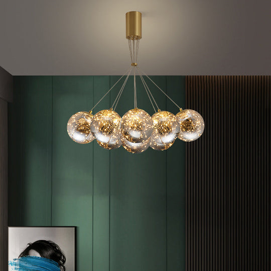 Handblown Glass Led Pendant Light With Modern Brass Finish - Sphere Shape Starry Glow