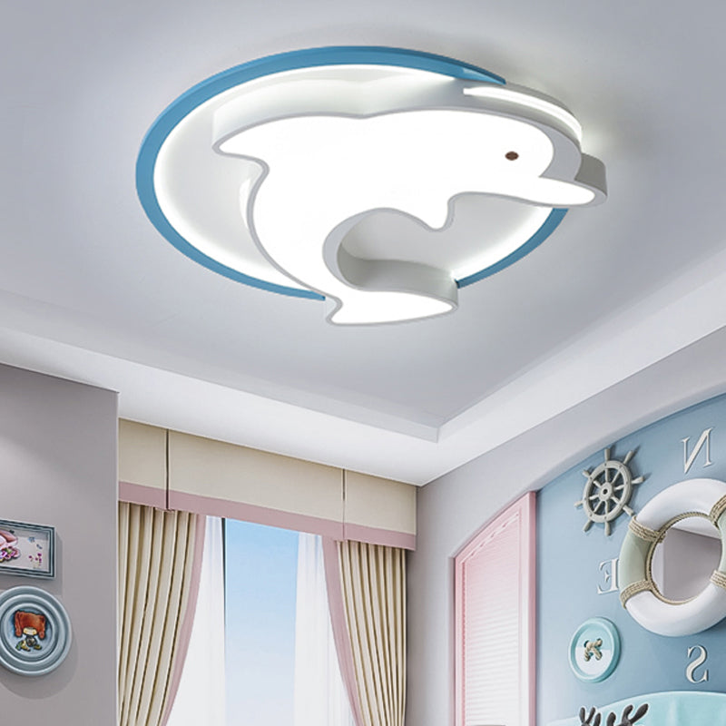 Kids Led Blue Dolphin Ceiling Light Fixture With Warm/White Acrylic Shade Flush Mount 18/23.5 W / 18