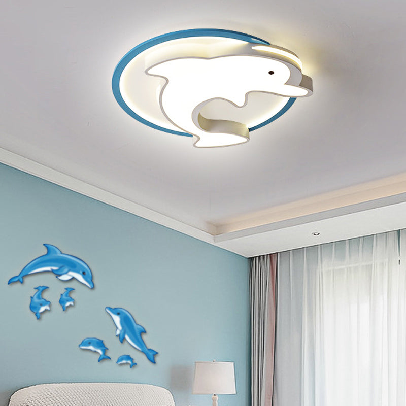 Kids Led Blue Dolphin Ceiling Light Fixture With Warm/White Acrylic Shade Flush Mount 18’/23.5’ W