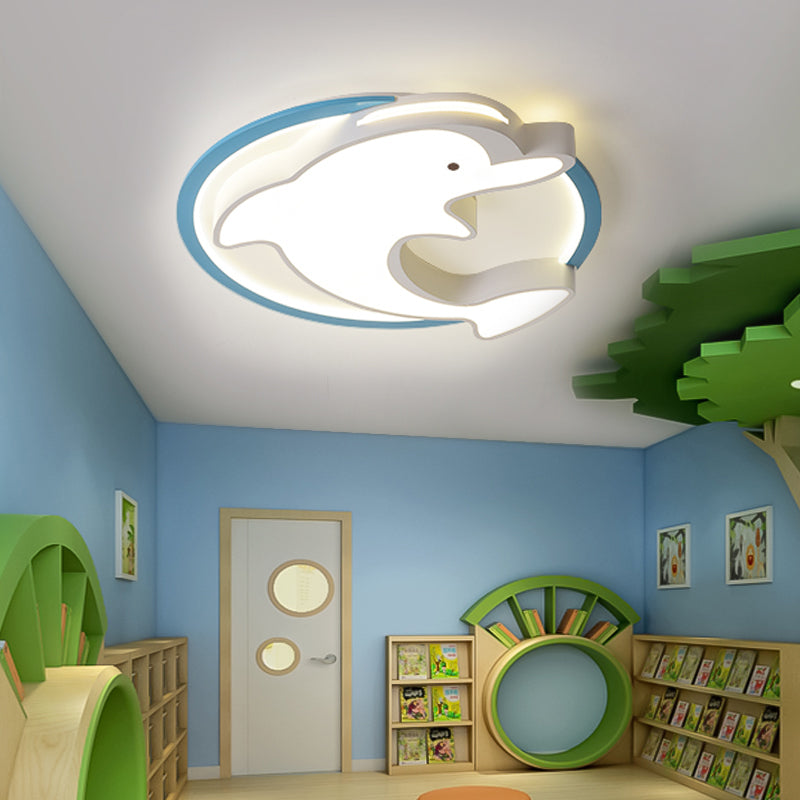 Kids Led Blue Dolphin Ceiling Light Fixture With Warm/White Acrylic Shade Flush Mount 18’/23.5’ W
