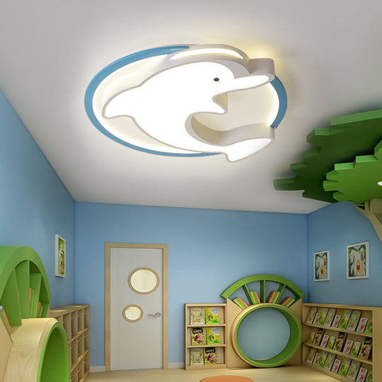 Kids Led Blue Dolphin Ceiling Light Fixture With Warm/White Acrylic Shade Flush Mount 18/23.5 W