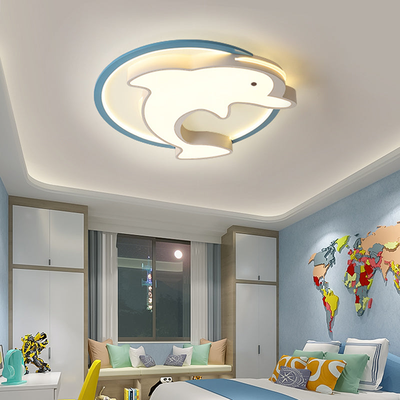 Kids Led Blue Dolphin Ceiling Light Fixture With Warm/White Acrylic Shade Flush Mount 18/23.5 W / 18