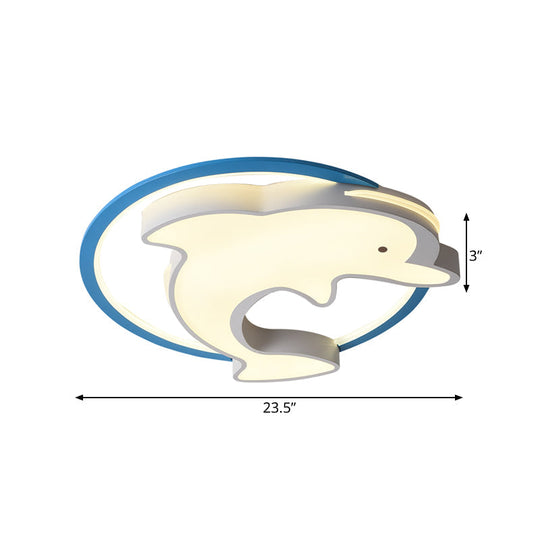 Kids Led Blue Dolphin Ceiling Light Fixture With Warm/White Acrylic Shade Flush Mount 18’/23.5’ W