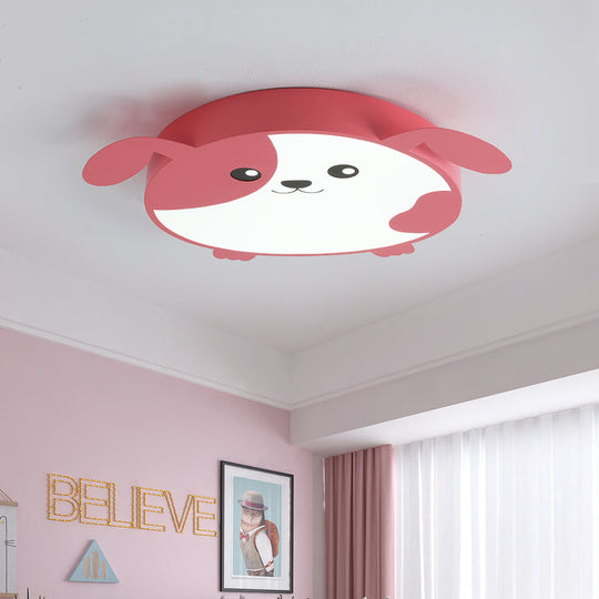 Doggie-Themed Led Flush Mount Ceiling Light For Kids’ Bedrooms In Pink/Green With Warm/White