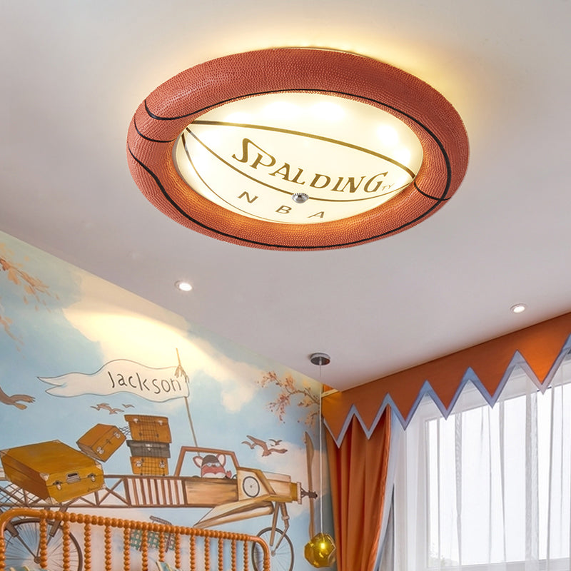 Basketball Design Led Ceiling Light In Brown Resin And Frosted Glass - Warm/White / White