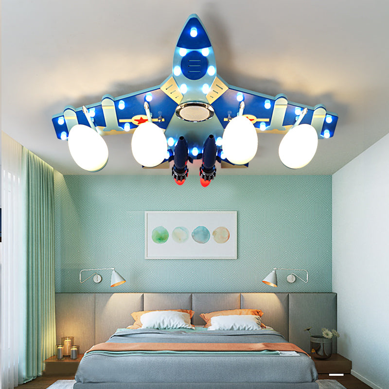 Cartoon Style Blue Plane Flush Mount Lamp With Wood Ceiling Lighting And Milk Glass Teardrop Shade -