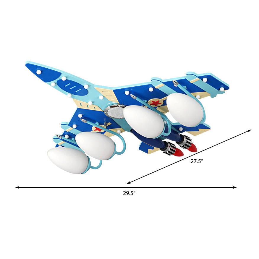 Cartoon Style Blue Plane Flush Mount Lamp With Wood Ceiling Lighting And Milk Glass Teardrop Shade -