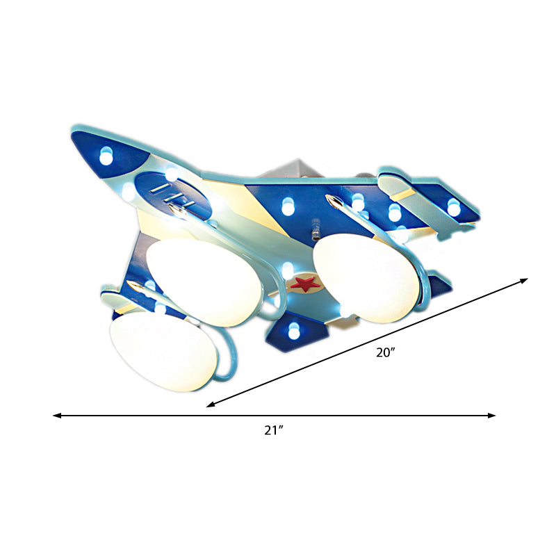 Cartoon Style Blue Plane Flush Mount Lamp With Wood Ceiling Lighting And Milk Glass Teardrop Shade