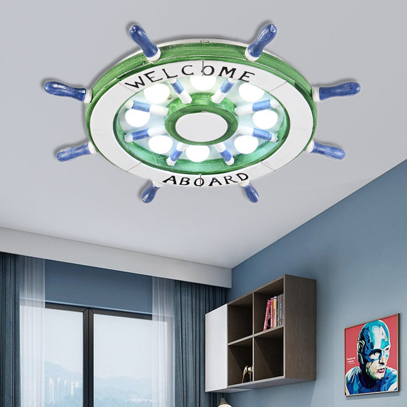 Nautical Wood Rudder Flushmount Ceiling Lamp - 8-Light Childrens Room Lighting In Green/Red With