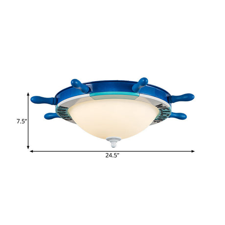 Nautical Style Led Flushmount Light With Blue Milk Glass Shade For Bedroom