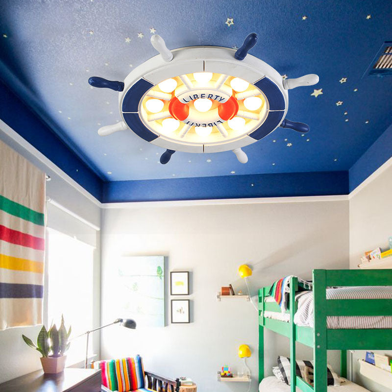 Nautical Style Led Blue Flush Ceiling Light With Rudder Wood Shade
