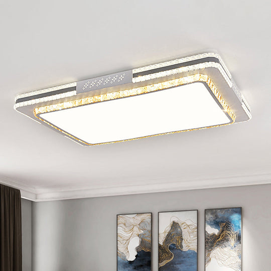 Faceted Crystal Led Flush Mount Ceiling Light In Modern Stainless-Steel Rectangle Design