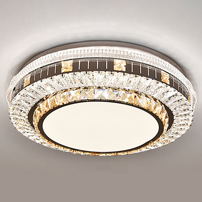 Sleek Stainless-Steel Drum Led Flush Mount Light With Crystal Accent Perfect For Bedrooms
