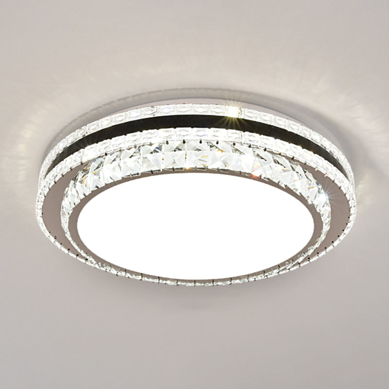 Sleek Stainless-Steel Drum Led Flush Mount Light With Crystal Accent Perfect For Bedrooms / Remote