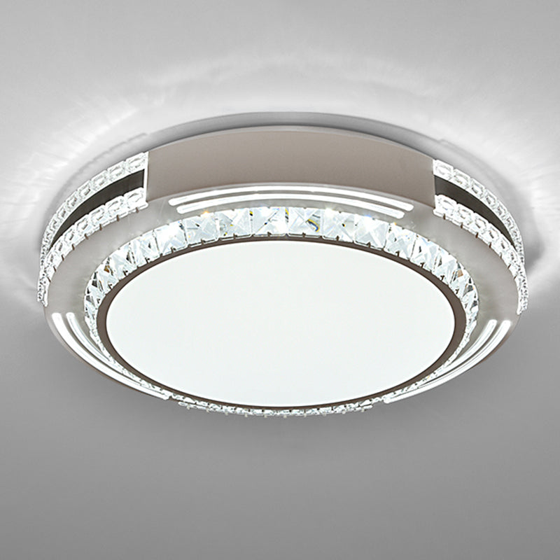 Sleek Stainless-Steel Drum Led Flush Mount Light With Crystal Accent Perfect For Bedrooms / Remote