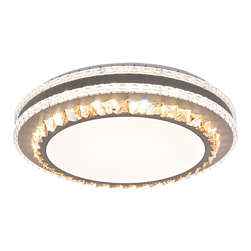 Sleek Stainless-Steel Drum Led Flush Mount Light With Crystal Accent Perfect For Bedrooms