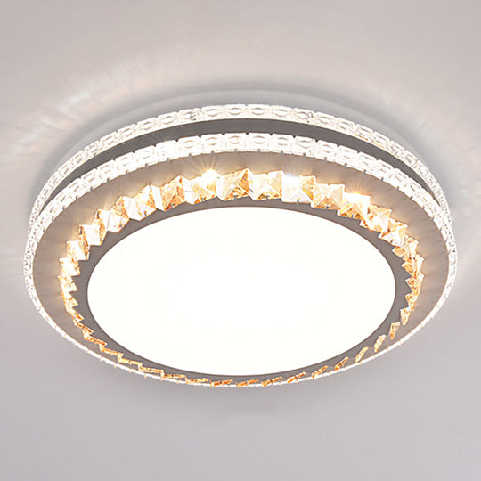 Sleek Stainless-Steel Drum Led Flush Mount Light With Crystal Accent Perfect For Bedrooms