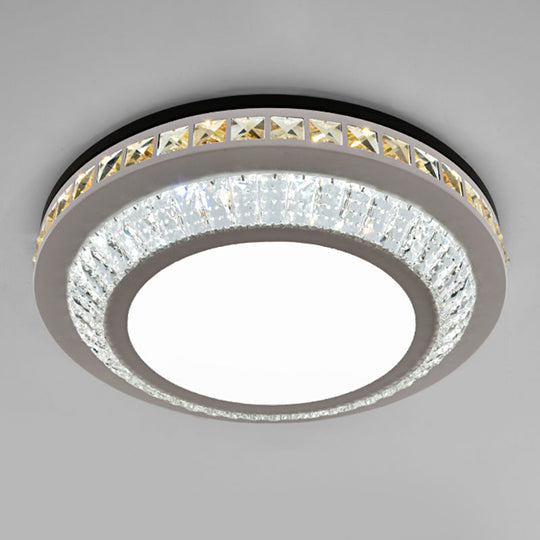 Sleek Stainless-Steel Drum Led Flush Mount Light With Crystal Accent Perfect For Bedrooms / Remote