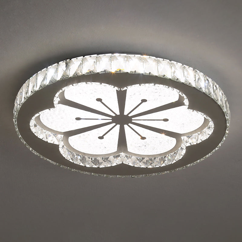 Contemporary Crystal Led Bedroom Ceiling Light In Stainless-Steel Flush Mount / White Flower