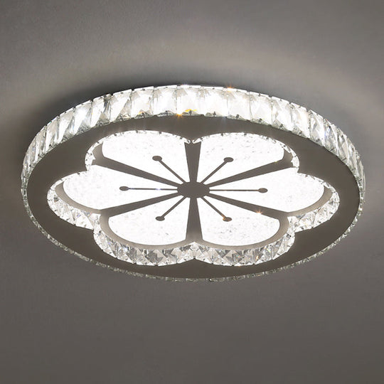 Contemporary Crystal Led Bedroom Ceiling Light In Stainless-Steel Flush Mount / White Flower