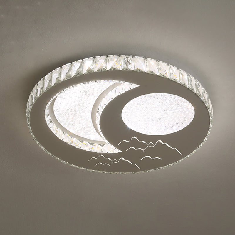 Contemporary Crystal Led Bedroom Ceiling Light In Stainless-Steel Flush Mount / Third Gear Moon