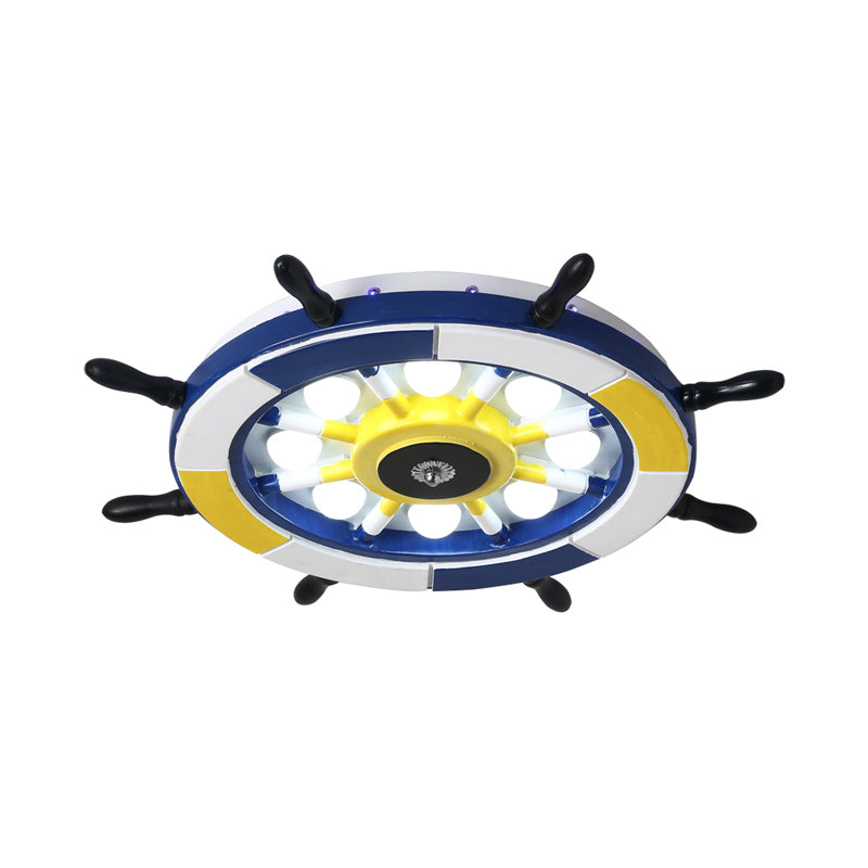 Nautical Style Led Wood Shade Flush Mount Ceiling Light - Blue Finish Dome/Rudder Design