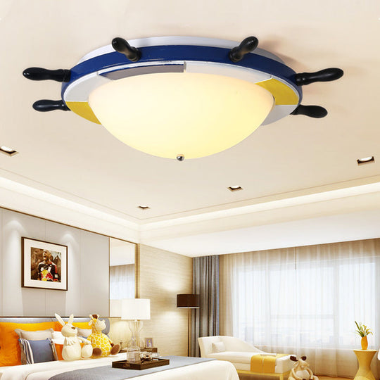 Nautical Style Led Wood Shade Flush Mount Ceiling Light - Blue Finish Dome/Rudder Design