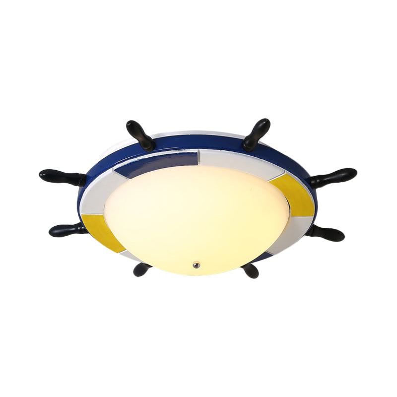 Nautical Style Led Wood Shade Flush Mount Ceiling Light - Blue Finish Dome/Rudder Design