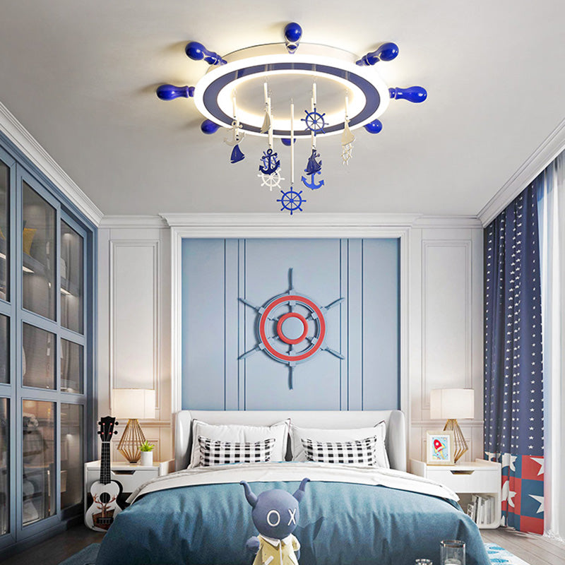Childrens Blue Nautical Rudder Flushmount Led Ceiling Light With Anchor Deco - Warm/White / White