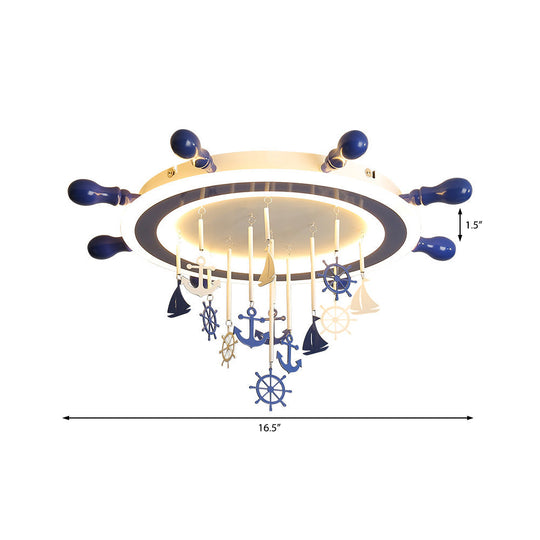 Childrens Blue Nautical Rudder Flushmount Led Ceiling Light With Anchor Deco - Warm/White