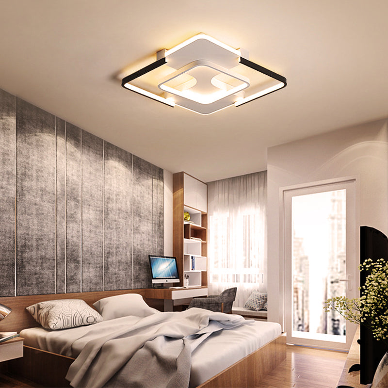 Contemporary Black - White Metal Flush Light For Bedroom Ceiling - 16’/19.5’ Wide Led In Warm