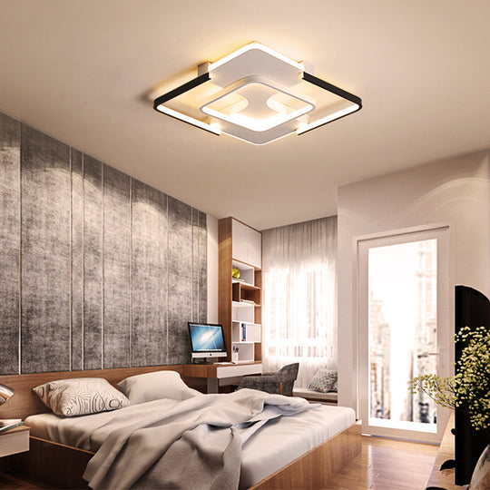 Contemporary Black - White Metal Flush Light For Bedroom Ceiling - 16’/19.5’ Wide Led In Warm