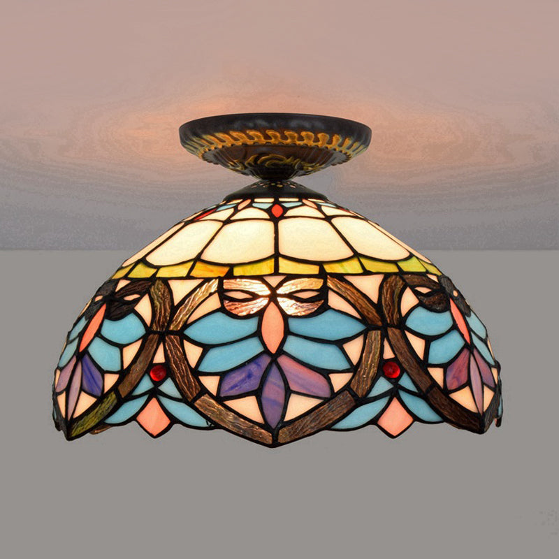 Victorian Flower Cut Glass Brass Ceiling Light With Globe/Dome Shade - 8.5’/12’W Flush Mount Fixture