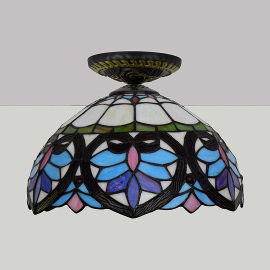 Victorian Flower Cut Glass Brass Ceiling Light With Globe/Dome Shade - 8.5’/12’W Flush Mount Fixture